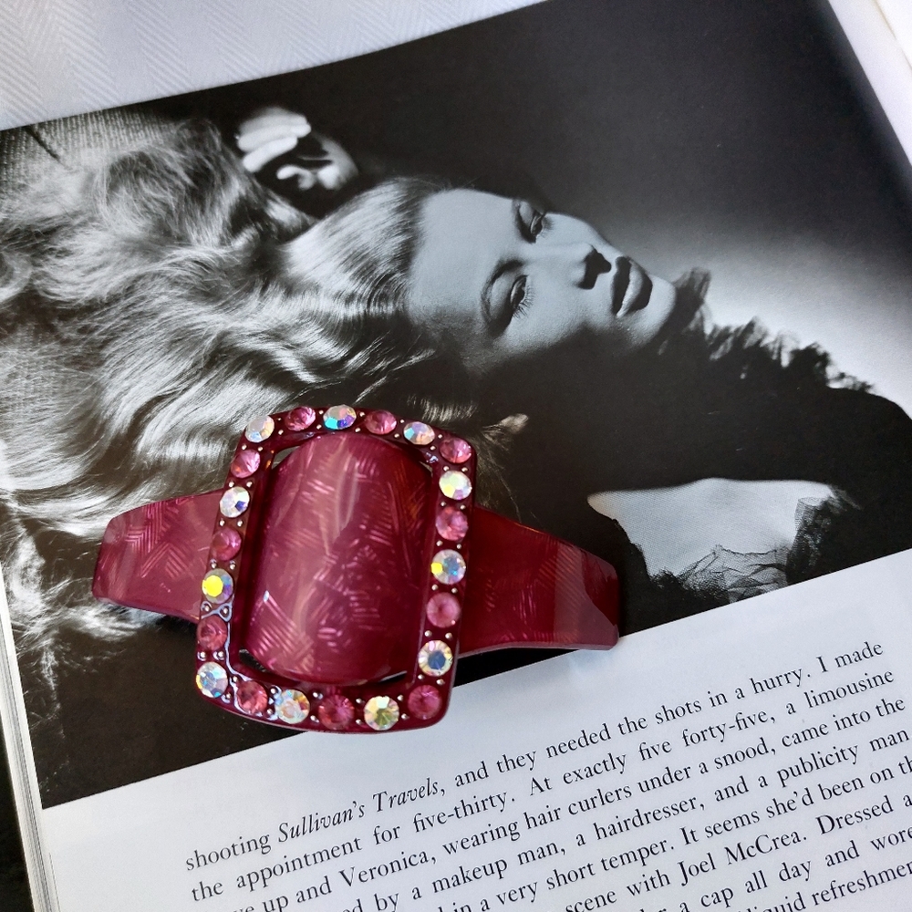 Vintage Barrette Bobby Pin  Clip Paris Dark Pink Lucite Rhinestones 1990s